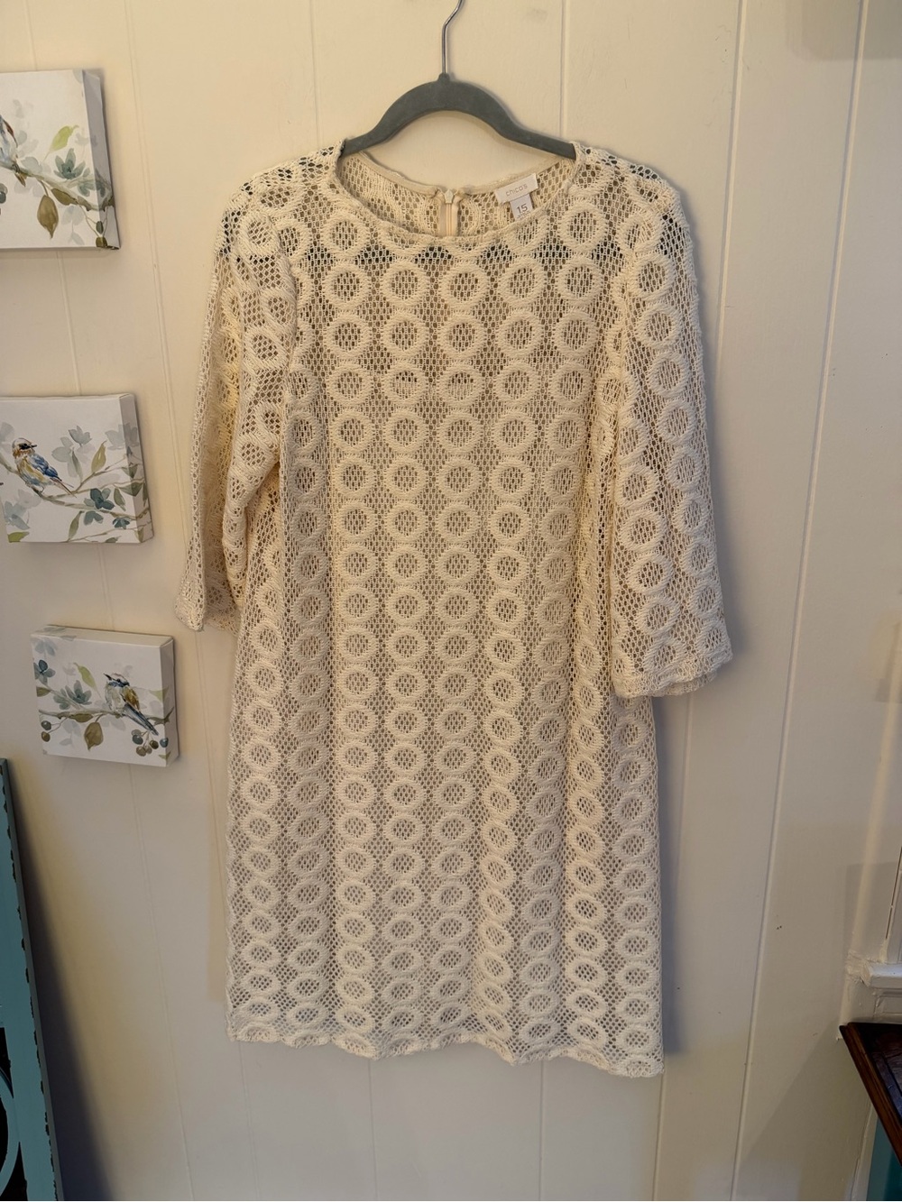 Chico’s Size 1.5 M Ivory Crochet Lace Shift Dress 3/4 Sleeve Lined Back Zip